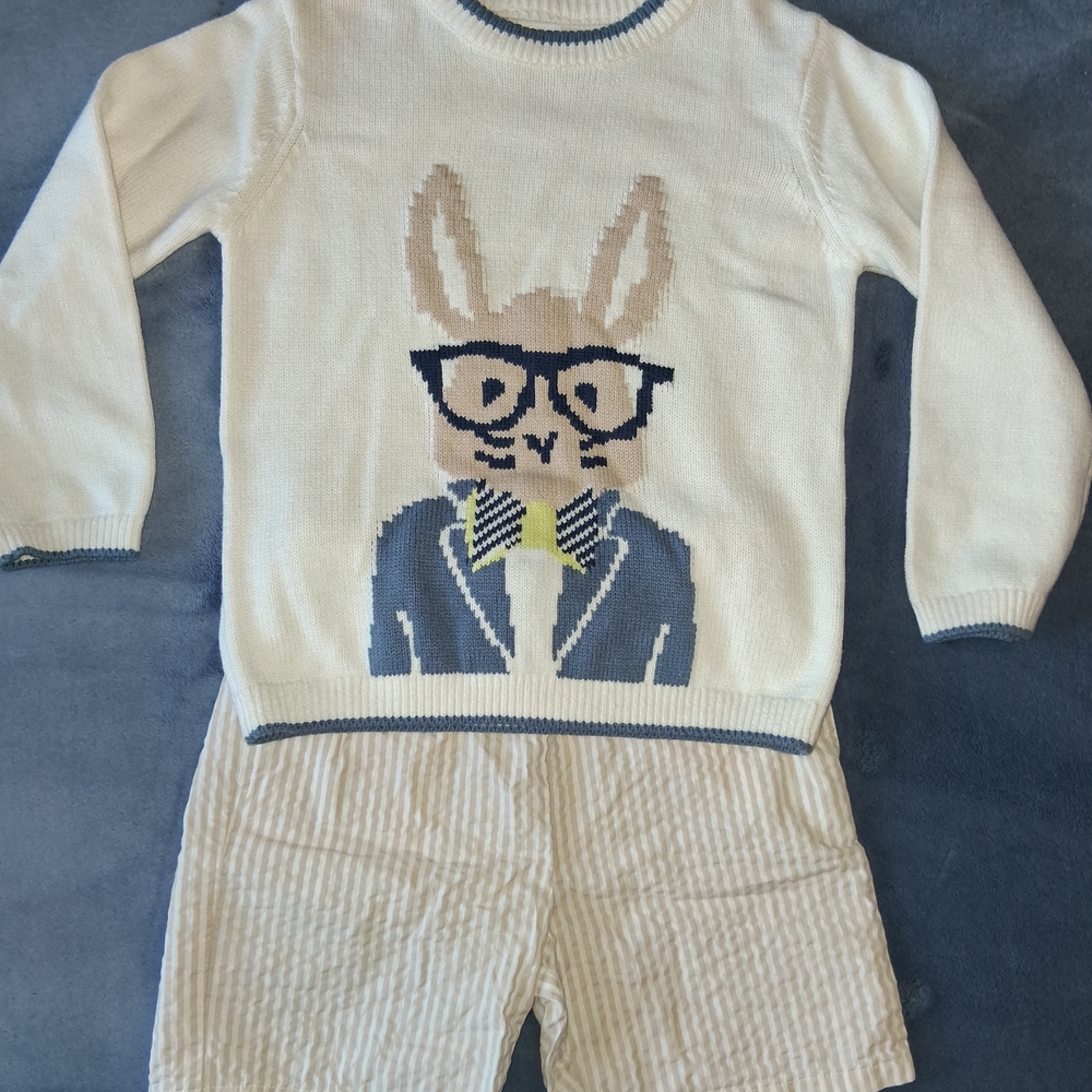 Cream Bunny Graphic Sweater Set with Blue Accents